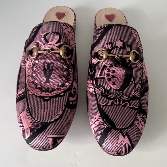Gucci Shoes - Gucci Princetown St Romain Horsebit Satin Mule Pink Black Textile
